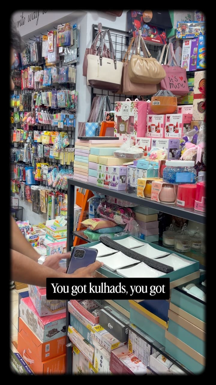 Shelves of handbags, gifts and kulhads at Raj Krafts