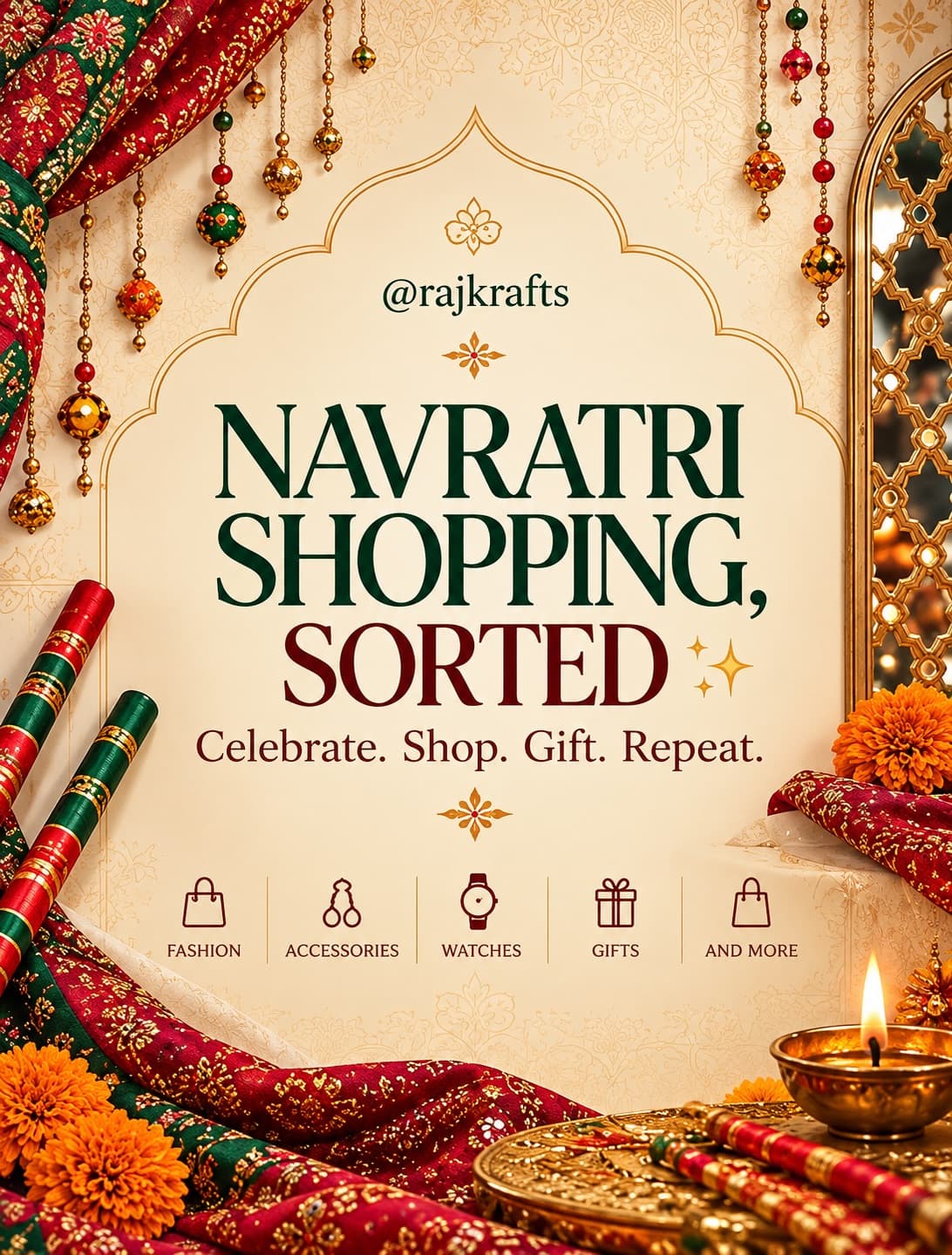 Raj Krafts Navratri poster: Navratri shopping, sorted. Celebrate. Shop. Gift. Repeat.